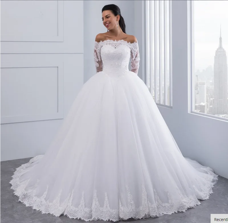 

W026#Off-Shoulder Africa Lace Applique Long Sleeves Ball Gown Wedding Dresses Puffy Tulle Skirt Court Train Bridal Gown, White