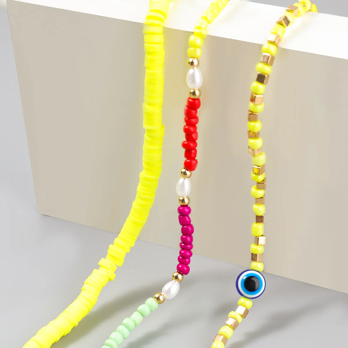 

Hot Sale 3pcs Set Blue Devil Eye Beaded Chain Imitation Pearl Necklace Boho Resin Colorful Beads Polymer Clay Necklace
