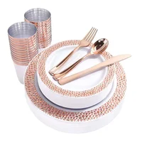 

White Rose Gold Rim Cheap Wedding Disposable Plastic Dinner Set