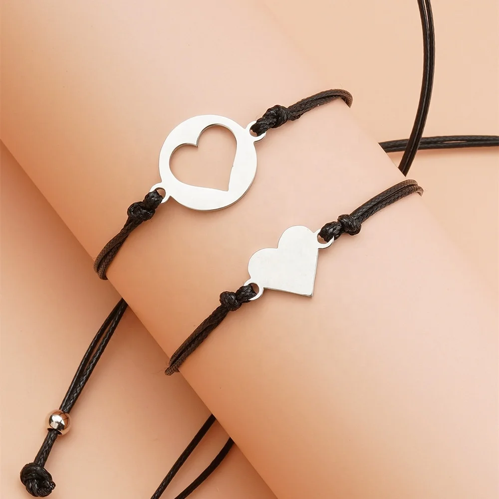 

Fashion Hot Creative Stainless Steel Heart Wax String Adjustable Bracelet Set Jewelry Gift for Mother