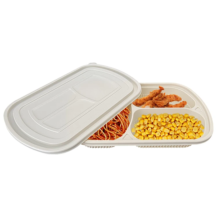 

Clamshell hot box takeaway cornstarch biodegradable 3 compartment meal prep containers with lids