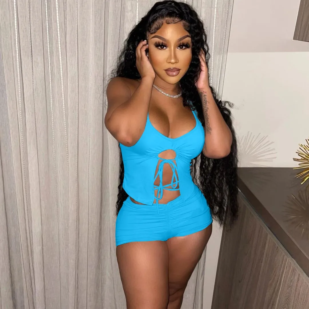 

X03075S 2021 Hipster Bandage Drawstring Two Piece Set Women Solid Sexy Tank Tops+Printed Color Blocking Female Outfits, White/black/blue/rose red
