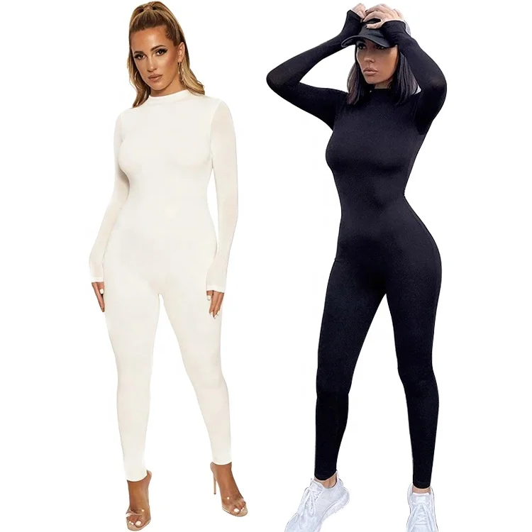 

Custom Logo Fall Fashion Clothing Zipper Long Sleeve One Piece Women Romper Jumpsuit, Black / white