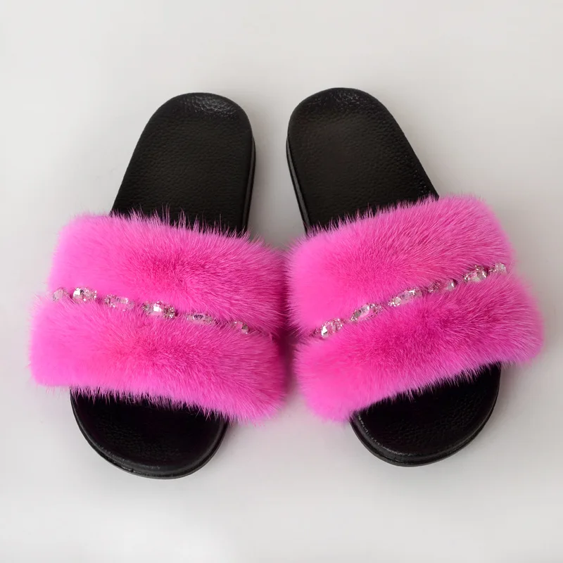 

Wholesale women casual mink fur slides outdoor real fur slippers with crystal chains for women ladies, Custom colors