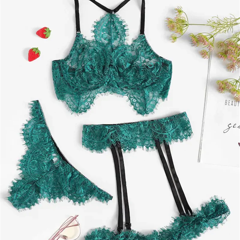 2019 Hot Transparent 3 pieces lingerie with Garter in Women Sexy Lingerie