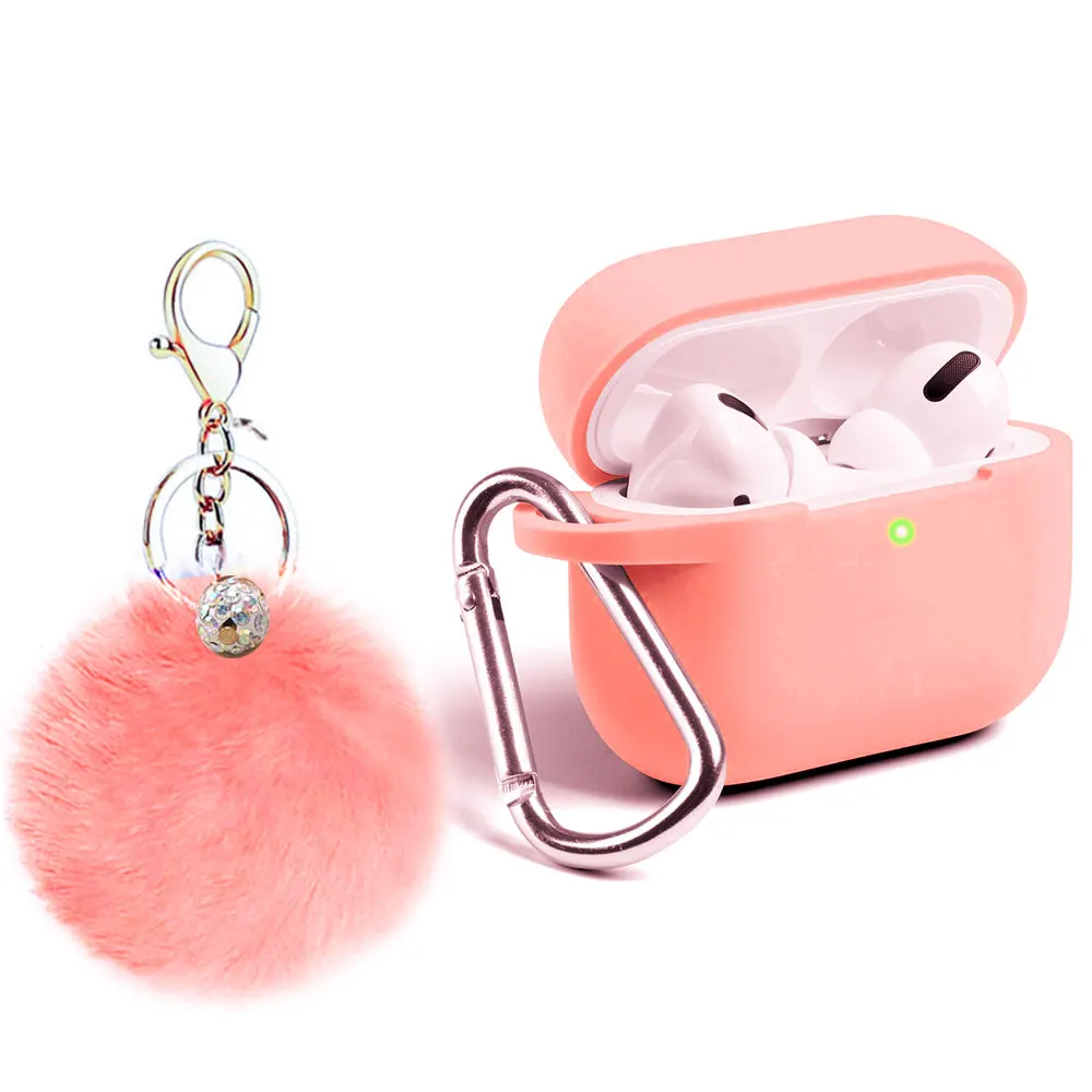 

cute silicone for airpods pro case with keychain Silicone Protective Shockproof Case Cover for AirPods with Keychain Hairball, Pink/purple/orange/wine red/green/black/gray