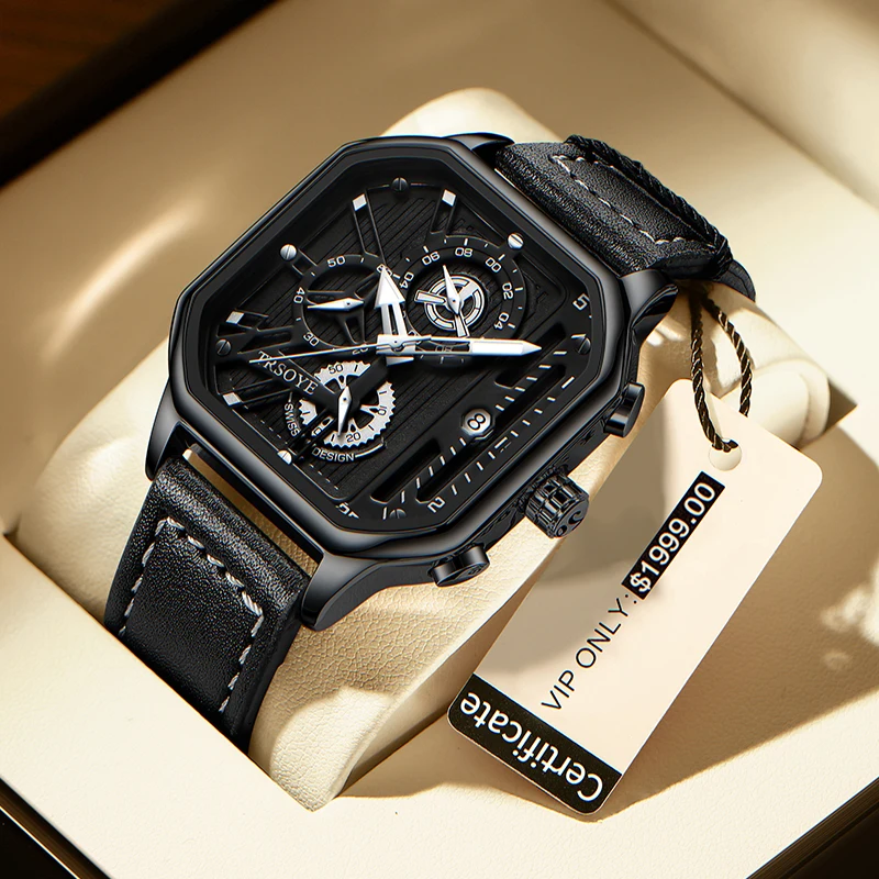 

Top Brand Water Resistant Low MOQ Oem Luxury Men Watch 2022 Quartz Watch Leather Strap relojes para hombre TRS6604, Black, gold, silver