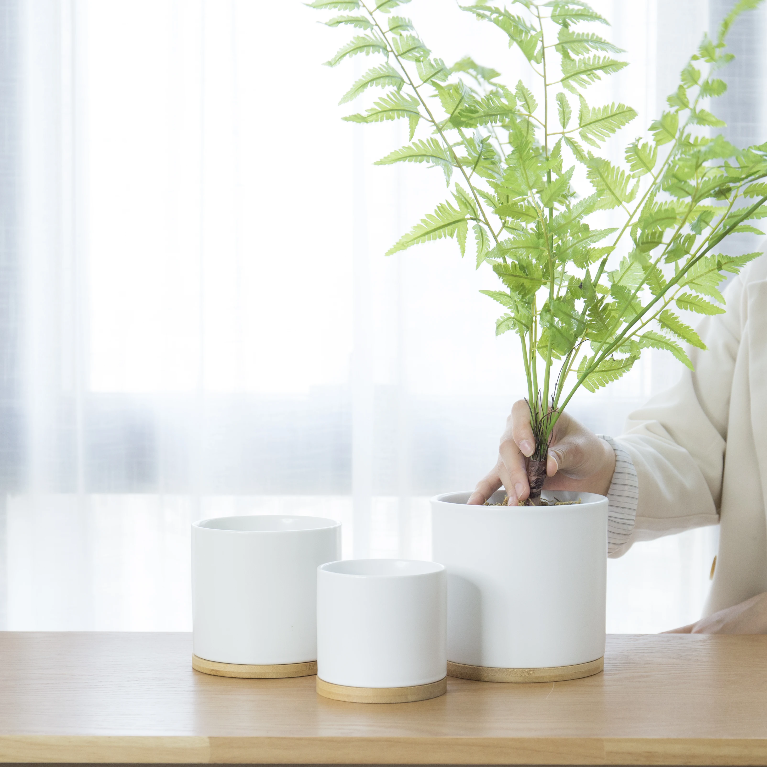 

Wholesale Matte coloured glazed high Quality nordic 3pcs set cylinder small ceramic flower pots for indoor plants, Matt color, custom color