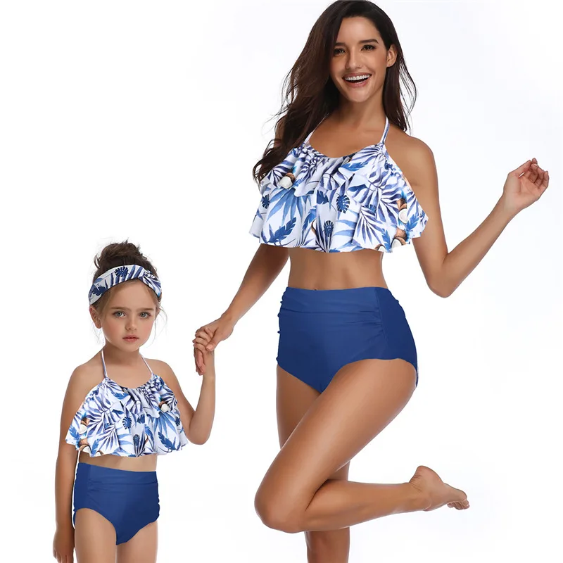 Eledobby 2 Piece Family Matching Swimwear Parent-Child Swimsuit Womens Ruffled Tankini Bikinis Sets High Waisted Swimming Costumes Summer Bathing Suits Beach Clothes