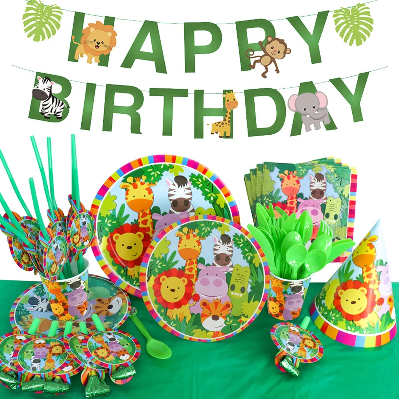 

Woodland Creatures Party Decorations Wholesale Disposable Jungle Animal Happy Birthday Party for Kids Party supplies