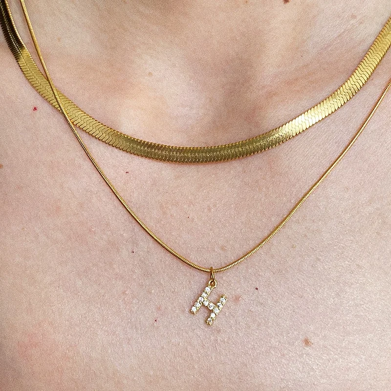 

Wholesale Gold Jewelry Double Layer Snake Chain Necklace Stainless Steel 26 Initial Letter Necklace