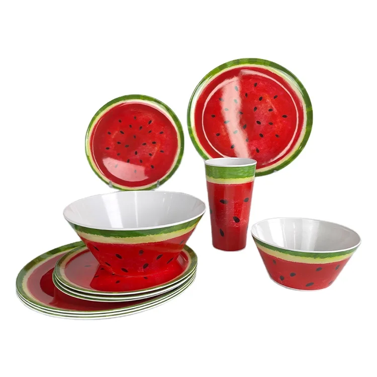 

2021 Durable Watermelon Design Fruit Pattern Plastic Picnic Party 5pcs Serving Bowl Plate Cup Melamine Dinnerware Tableware Set, Yellow