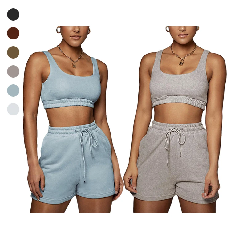 

Custom LOGO Women's cropped navel vest lace up shorts suit cotton beige two piece pants set for casual crop top joggers, Brown,khaki,black,pink,white,blue,gray