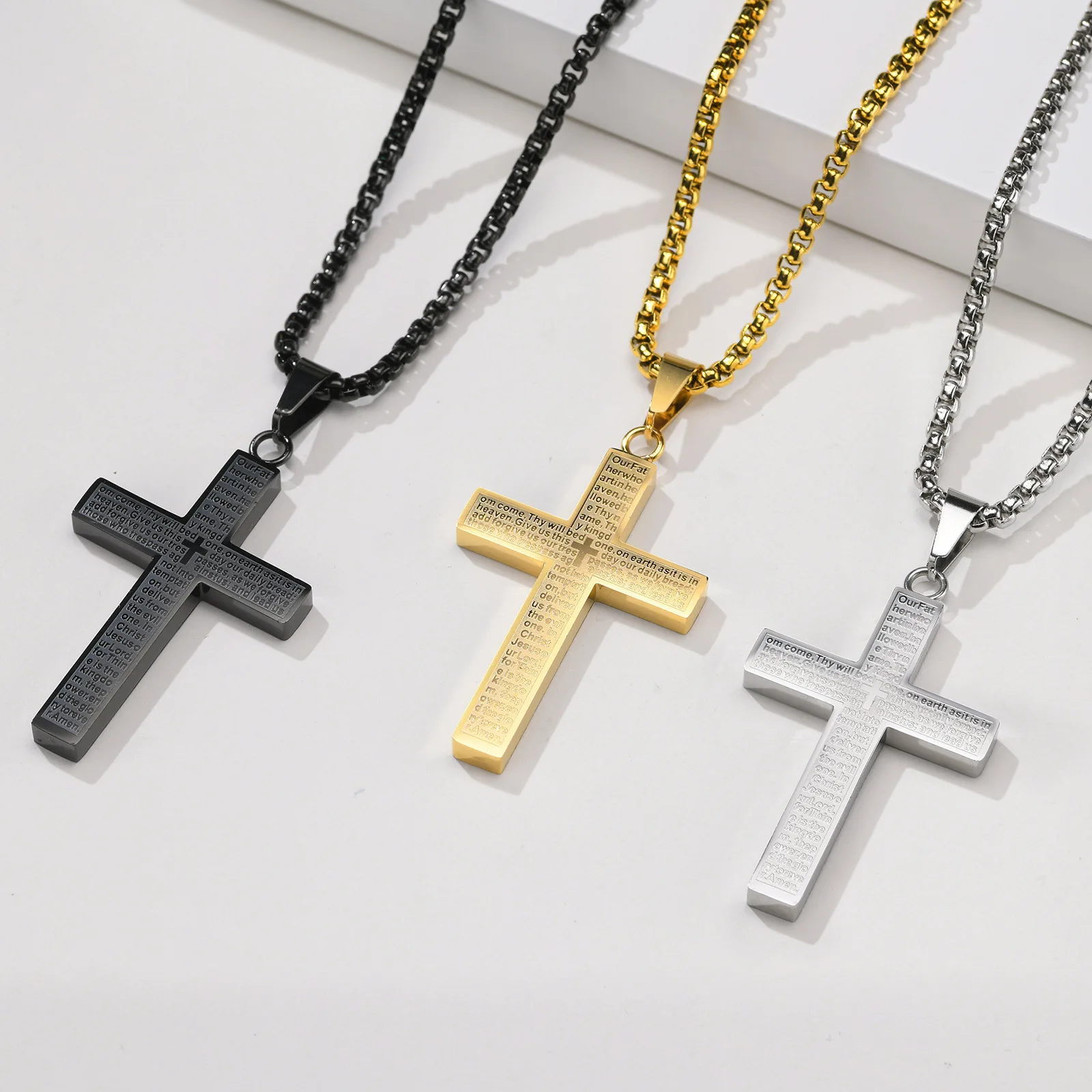 

High Polished 18K Gold Plated Stainless Steel Men's Bible Scripture Cross Pendant Jewelry