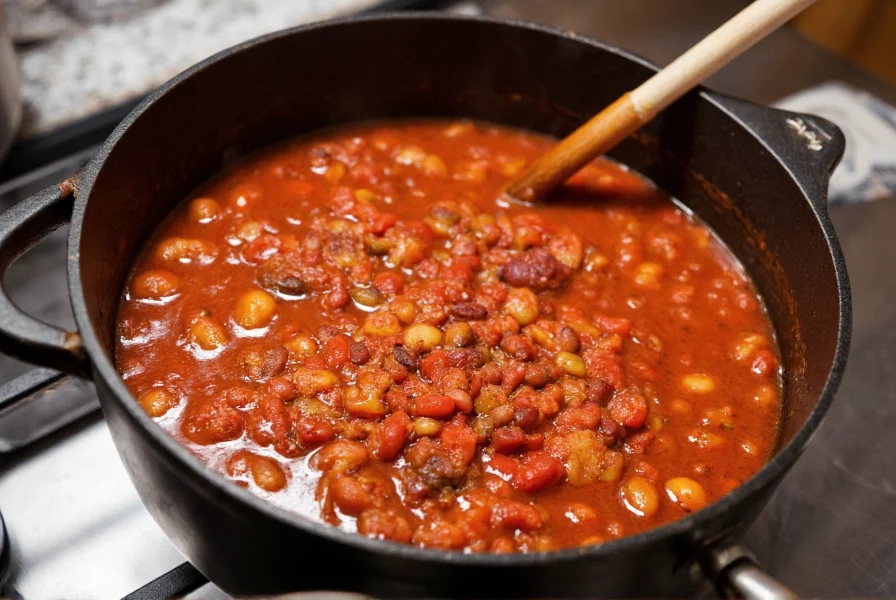 Classic pot of red chili with kidney beans, tomatoes, and spices simmering on stove