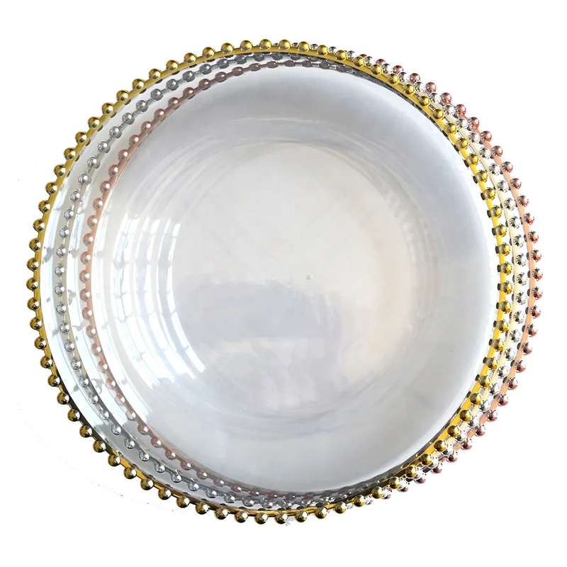 

13" Round Clear Beaded Rim Plastic Charger Plate, Gold, rose gold, silver, transparent, etc.