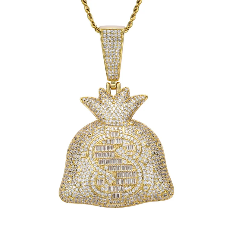 

Iced out Bling bling Brass Hip Hops jewelry Rope Chain micro Pave Diamond CZ Money Bag Necklace Jewelry for Men