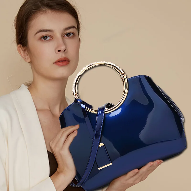 

European And American New Trend Glossy Patent Leather Ring Handle Ladies Handbag Cross-border One-shoulder Messenger Bag, Black, blue,white,red,pink,orange