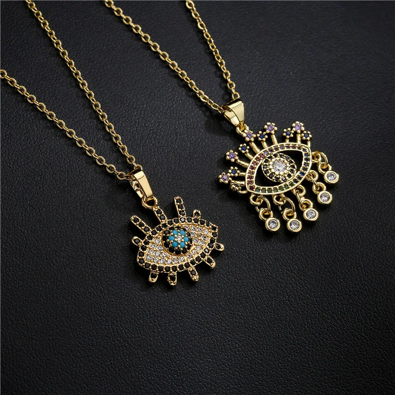 

Vintage Design 18k Gold Plated Colorful Crystal Rhinestone Evil Eyes Necklaces Micro CZ Pave Turkish Eyes Necklaces