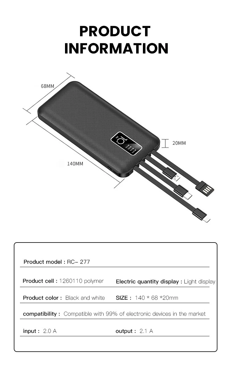 2020 new digital display power bank fast charge 20000mah power bank with built-in cables - ANKUX.COM