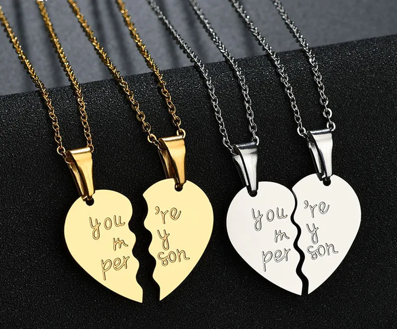 

High Polished Couple Stainless Steel Necklace Letter You're My Person Double Heart Steel Pendant Necklace For Girls, Gold,silver