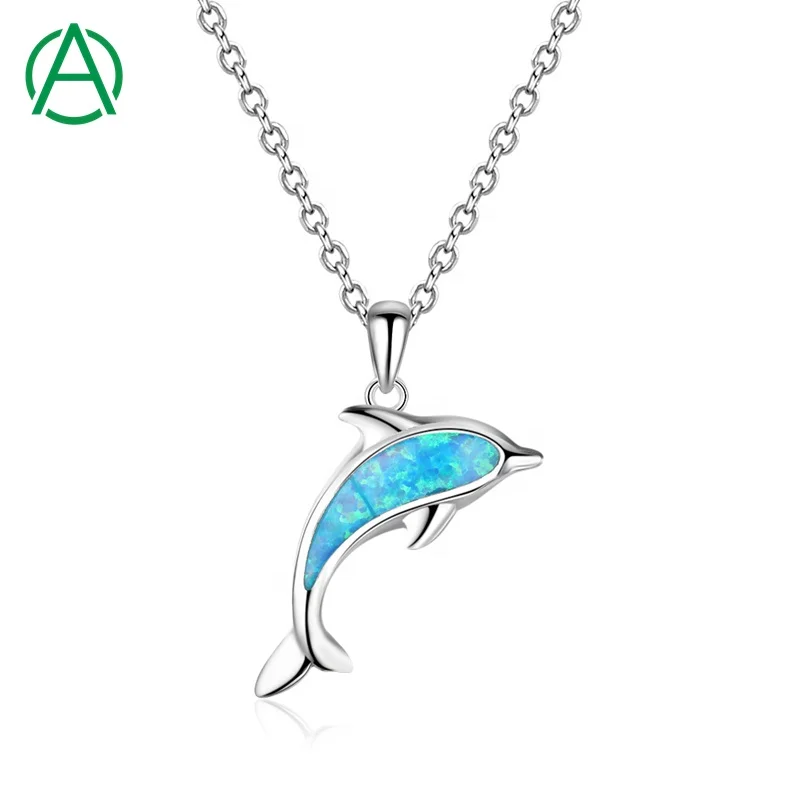 

ArthurGem S925 Sterling Silver Hawaiian Jewelry Animal Pendant Blue Gemstone Blue Opal Dolphin Necklace for Women