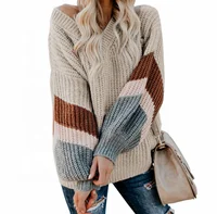 

Women casual loose V-neck lantern sleeve color stripe sweater