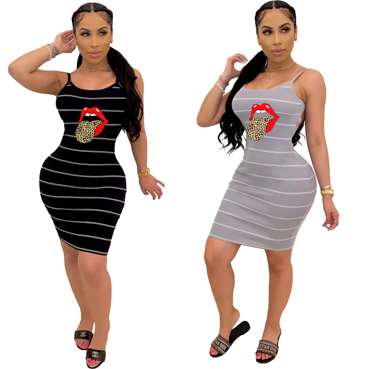 

Hot Sale Sexy Strap Backless Stretchy Lips Stripe Print Summer Party Wear Casual Bodycon Women Mini Night Dresses