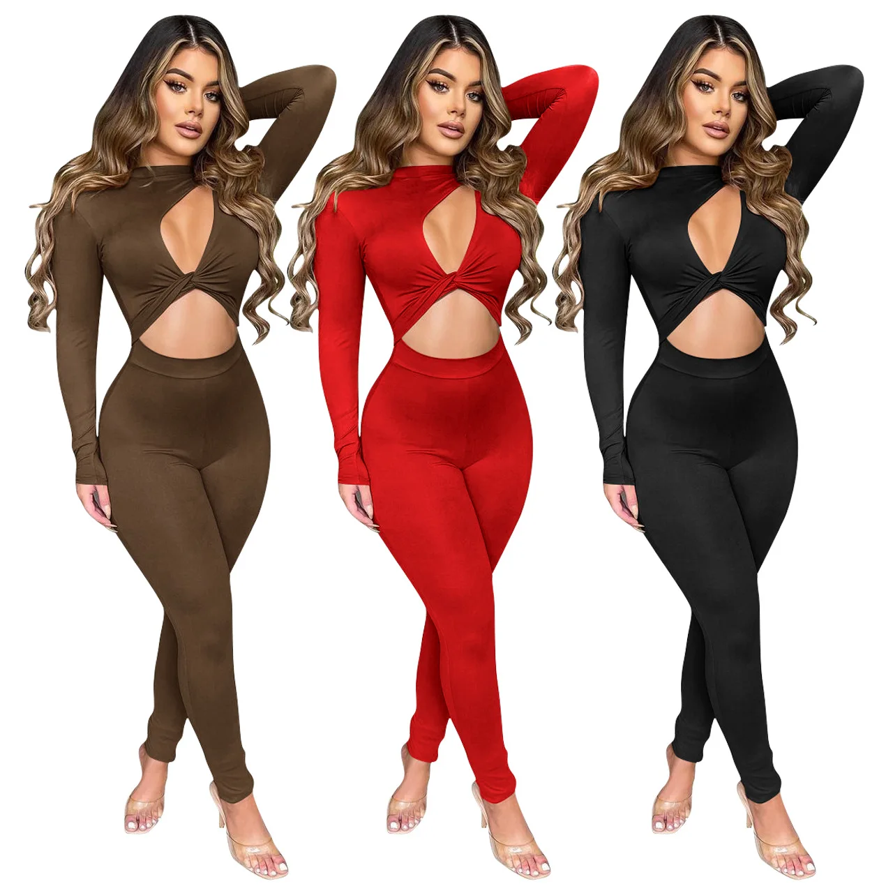 2022 Women Clothing Commuter Ribbed Knit Skinny Lantern Sleeve Jumpsuit Romper One Piece V-Neck Jump Suits For Women