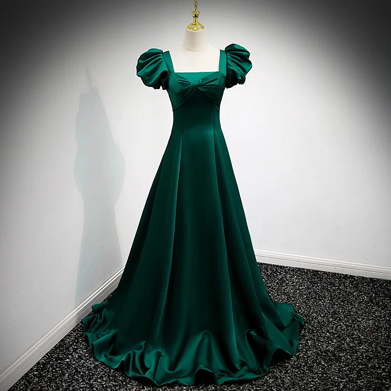 

Green Prom Dress Satin Bow Square Collar Puff Sleeve Pleat A-Line Floor-Length Lace Up Back Formal Celebrity Party Evening Gowns