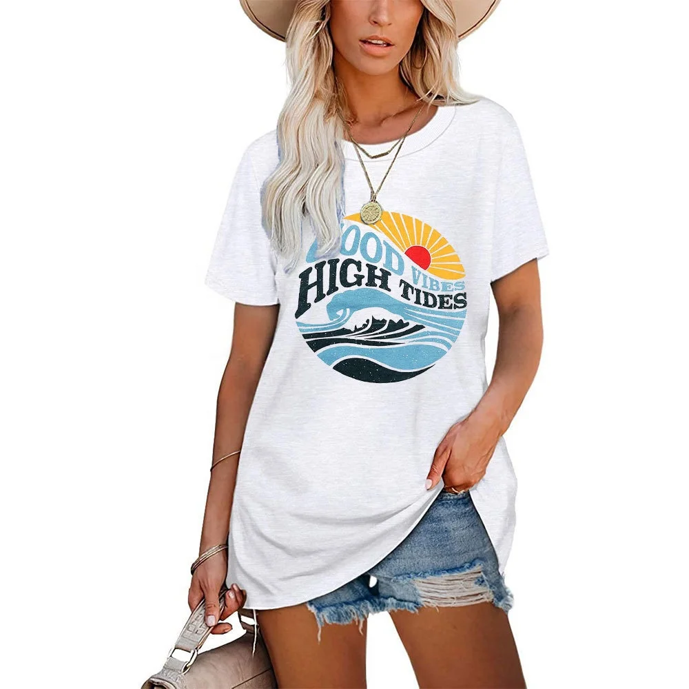 

GOOD VIBES letter printed round neck short sleeve t-shirt