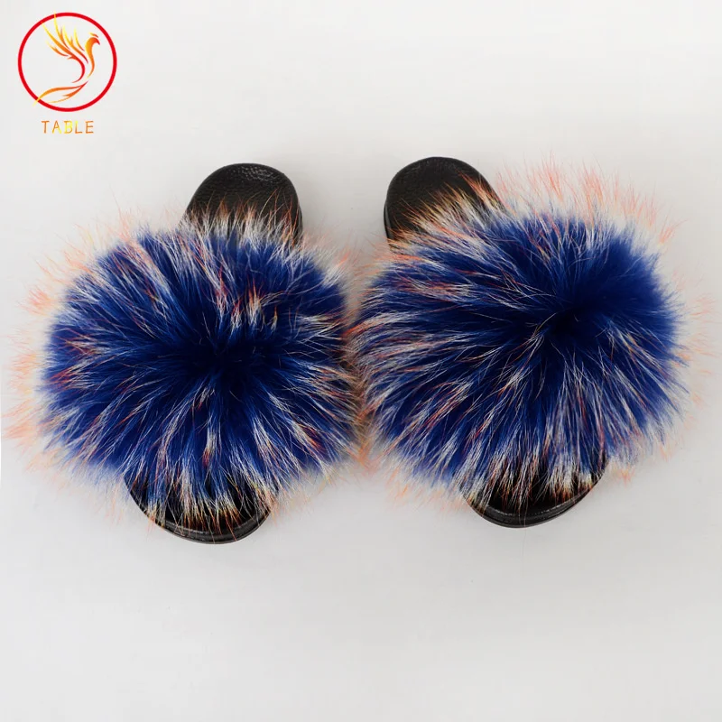 

factory wholesale long hair fashion women 100% real raccoon fur slides sandals slippers, Pink,yellow,white,black,green,or custom