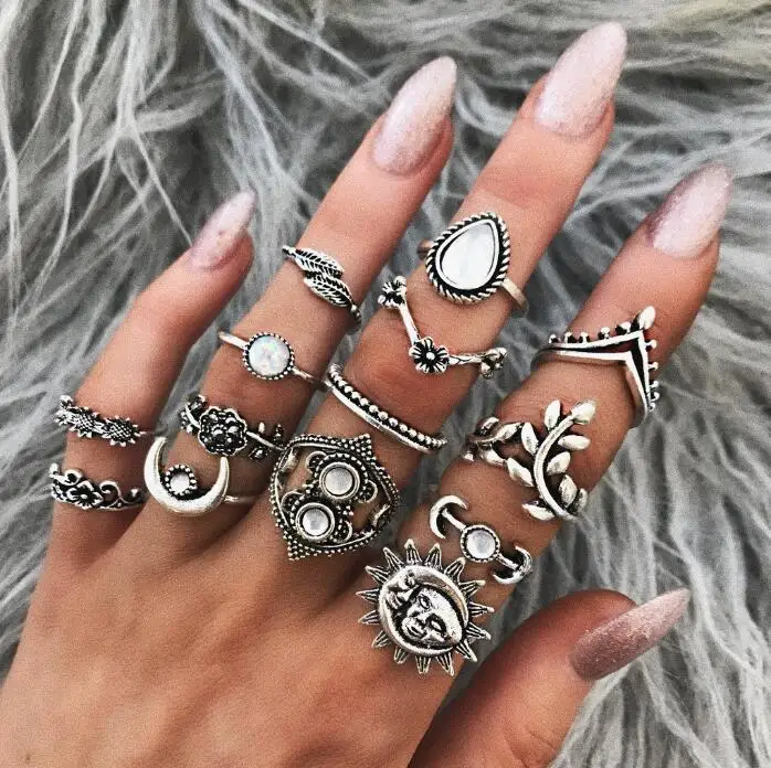 

14 Pcs/set Antique Vintage Ring Jewelry Bohemia Crystal Gemstone Ring Set