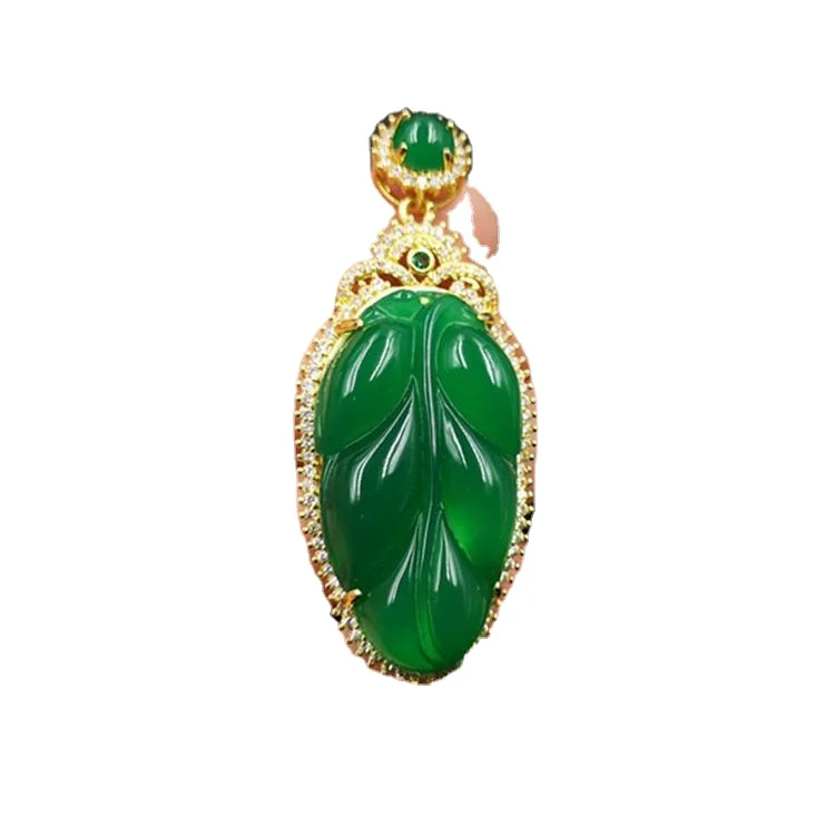 

925 Bright Gold Inlaid Green Chalcedony Large Leaf Pendant Green Agate Gold Bead Jade Leaf Pendant Jade Pendant