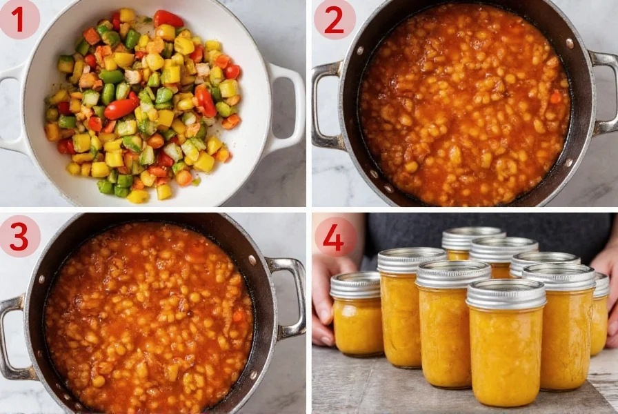 Step-by-step preparation of homemade pepper relish showing chopping peppers, cooking mixture, and filling jars