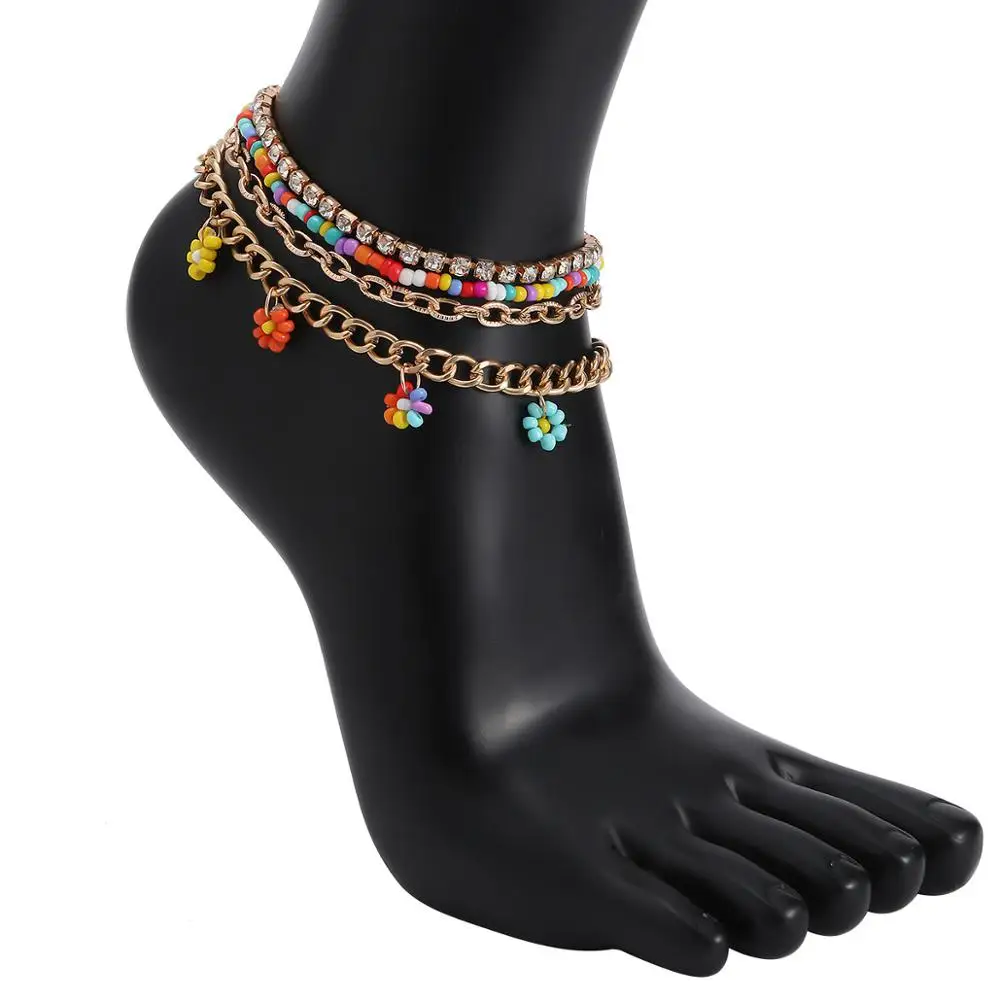 

HOVANCI Multilayers Crystal Rhinestone Tennis Chain Anklets 4 Layers Bohemian Colorful Beads Flower Pendant Chunky Chain Anklets, Customized color