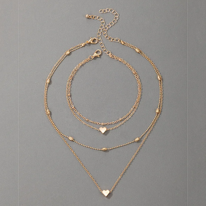 

New Fashion Adjustable Multi Layers Geometric Love Heart Clavicle Necklace 18k Gold Plated Heart Charm Necklace