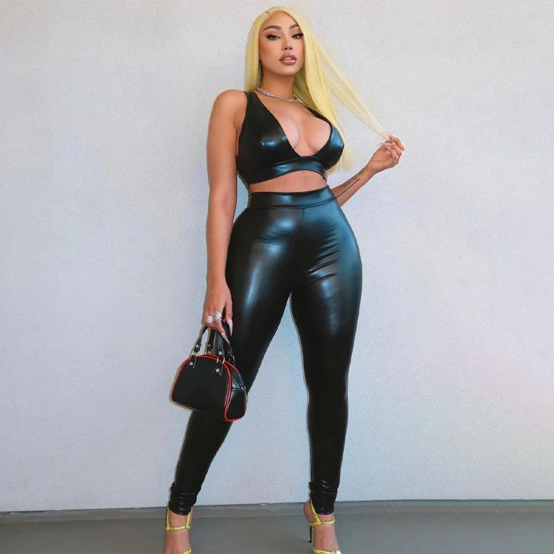 

2021 Fall Pu Faux Leather Women Two Piece Set Crop Top Pants Autumn Winter Clothes V Neck Lady Sexy Club Party 2 Pcs Outfits