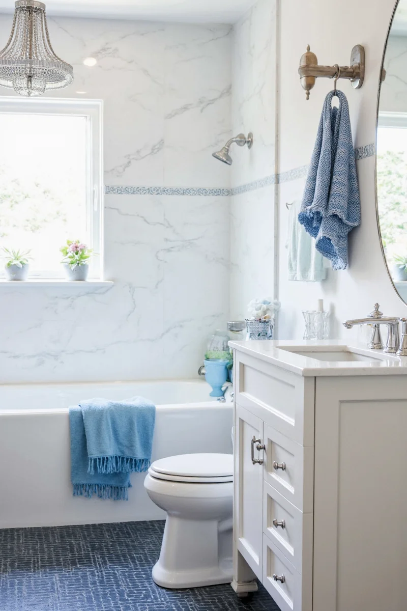 Coordinated blue bath textiles in a modern bathroom