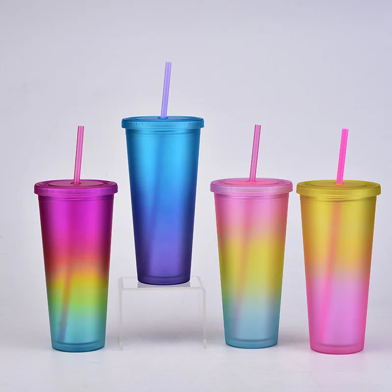 

2021 New Rainbow Color Ins Double-Layer Frosted Cup Outdoor Sports Plastic Cups With Lids And Straws