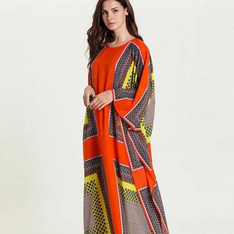 

A6562 Women Batik Sleeve Kaftan Kimono Full Length Loose Summer Ethnic PrintMaxi Dress Beachwear Rayon Orange Yellow Caftan