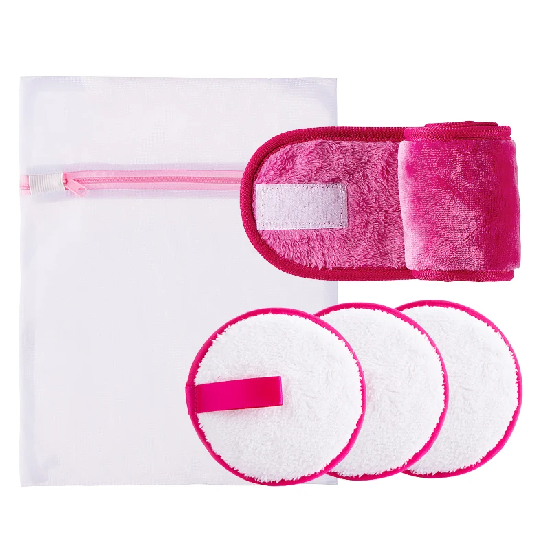 

Best Sell 6pcs Red Color Reusable Facial Makeup Remover Pads headband Set, Pink