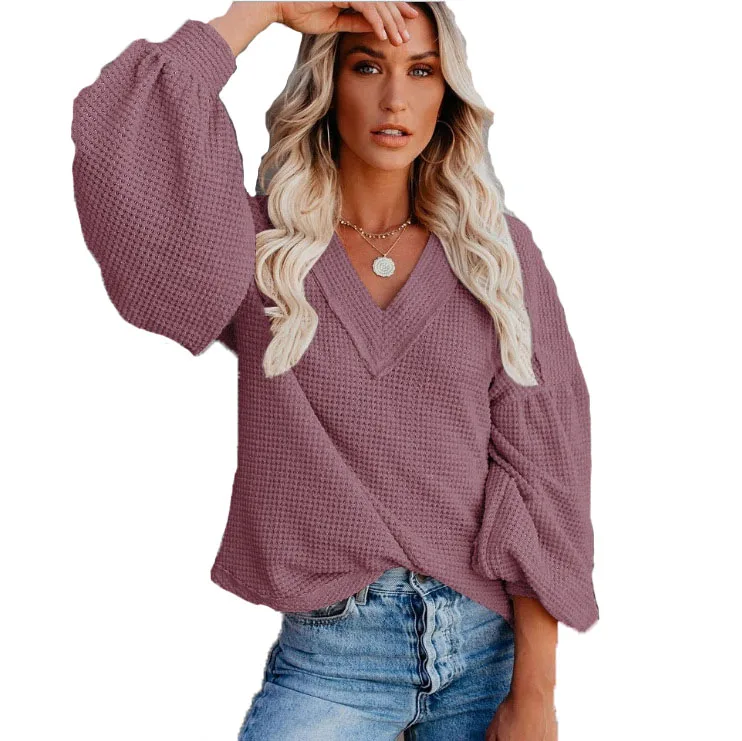 

228 Wholesale Women Fashion Long Sleeve V-Neck Ladies Blouses Knitted Loose Casual Women Top, 10 colors