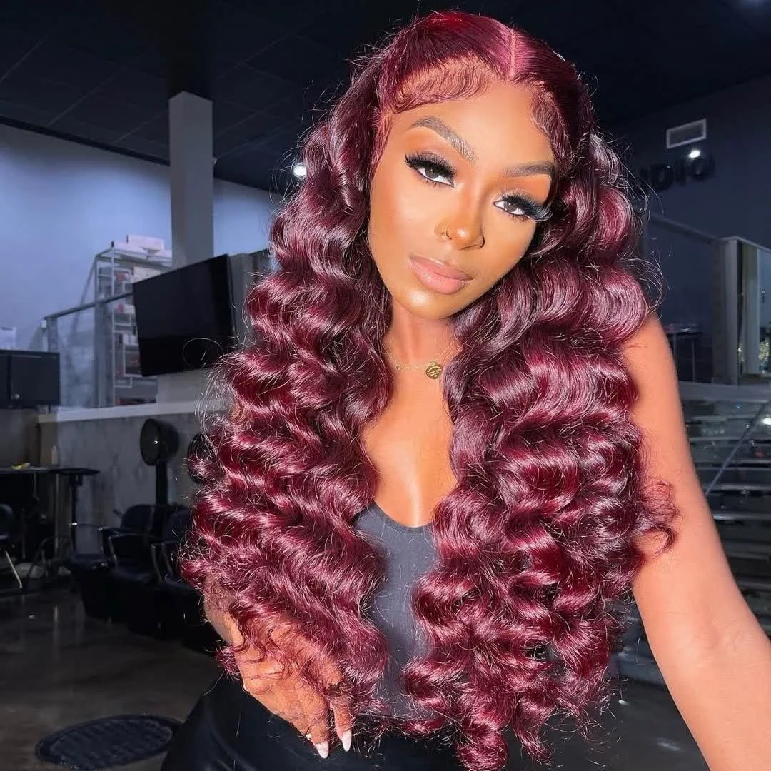 

Burgundy 99j red color loose deep wave lace frontal wig perruque pereuvienne frontale wig 13x6 lace frontal wig