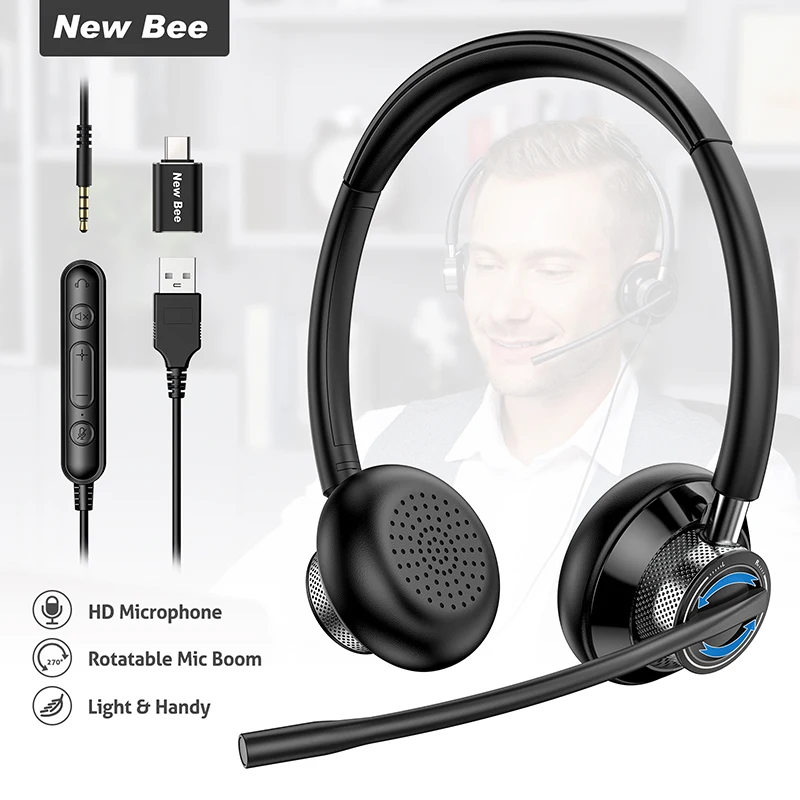 

New Bee H361 Call Center Headphones USB Wired Headset Earphone with Microphone