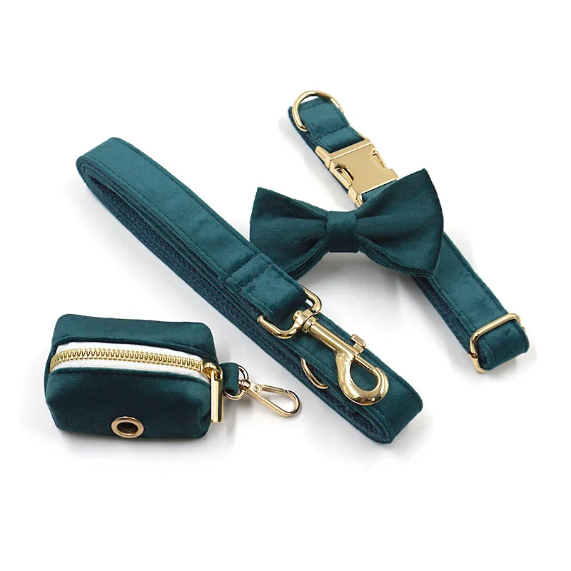

Sapphire green velvet gold clasp hardware pet collar leash bow dog poop bag, Picture shows