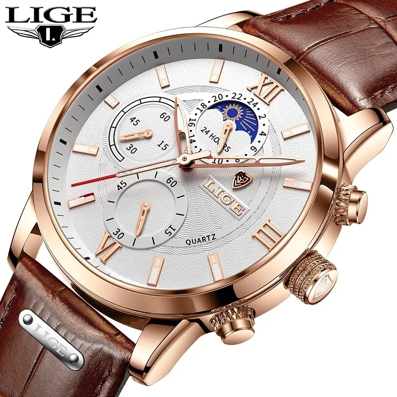 

2021 LIGE Watches Mens Top Brand Luxury Clock Casual Leather 24Hour Moon Phase Men Watch Sport Waterproof Quartz Chronograph+Box, According to reality