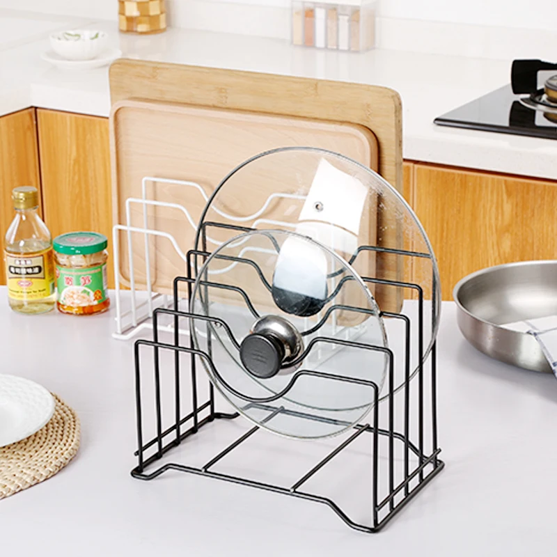 

Kitchen Use Sturdy Metal Wire Black Pot Organizer Cutting Board Storage Rack