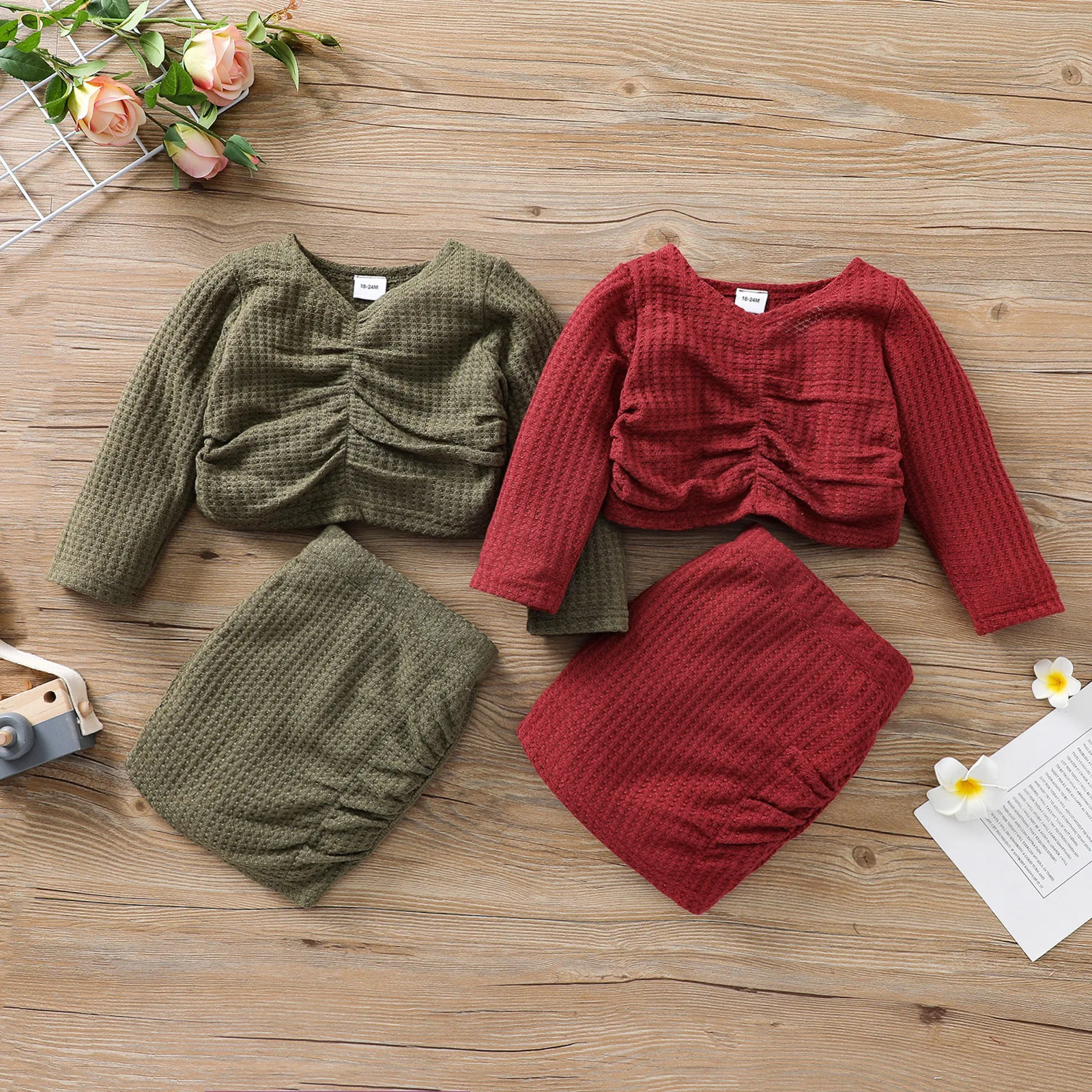 

Baby Girl Cloths Winter Fashion Plain Skirt Set Kids Outfits Long Sleeve Ruched Top Skirt Matching Two Pieces Toddler Girl Sets