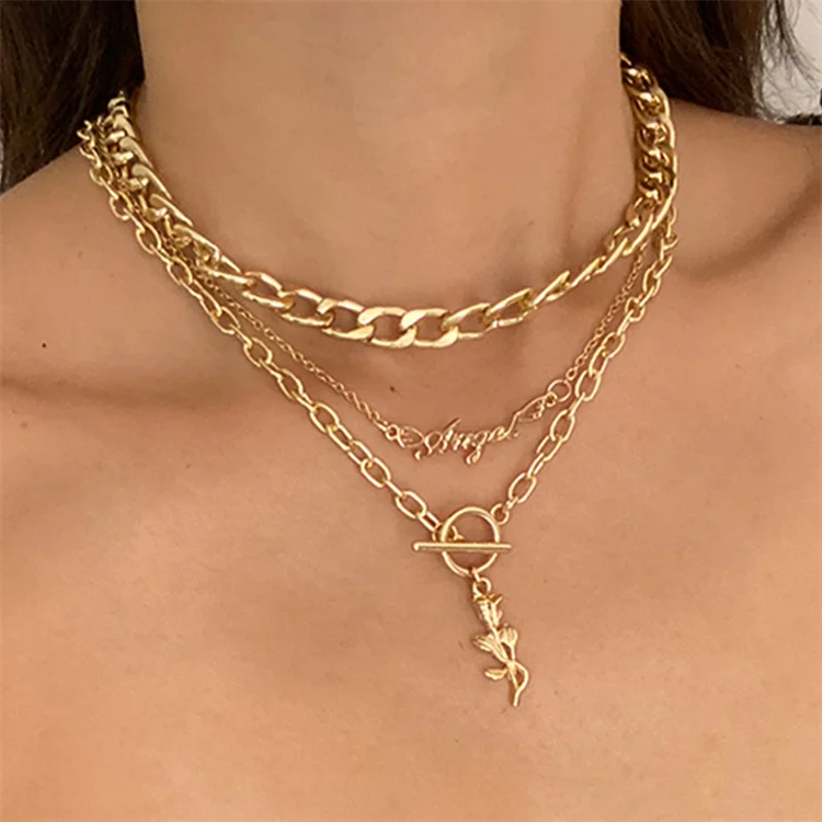 

Factory Newest Gold Layered Lover Multilayer Long Choker Rose Locket Link Pendant Necklace for Ladies